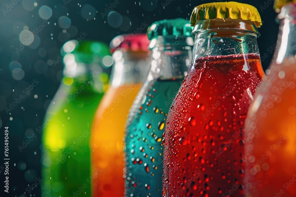 Poster close-up of a row of soda bottles with water droplets. ideal for beverage industry concepts