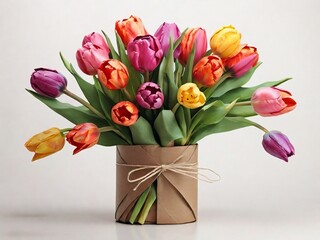 A bouquet of spring tulips wrapped in beautiful paper, presented on a clean white background. generative ai