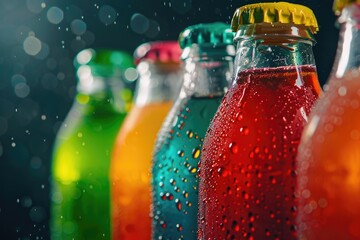 Close-up of a row of soda bottles with water droplets. Ideal for beverage industry concepts