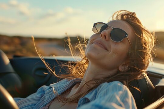 Woman in sunglasses sitting in a car, perfect for transportation concepts
