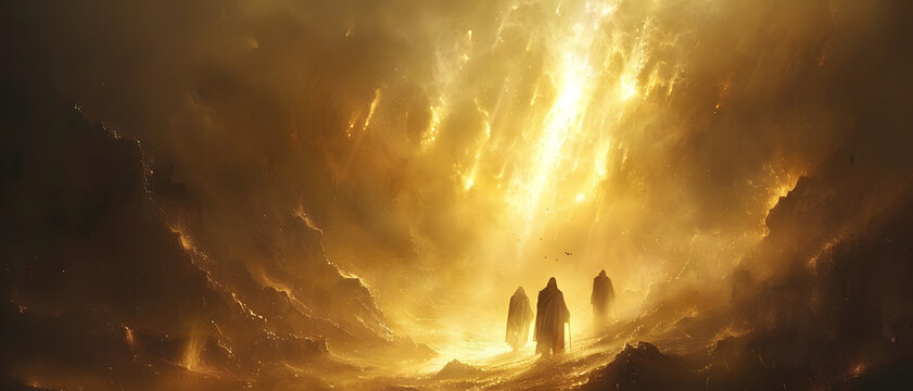 An apocalyptic scene portrays three individuals watching a massive fireball engulf the sky, signifying destruction