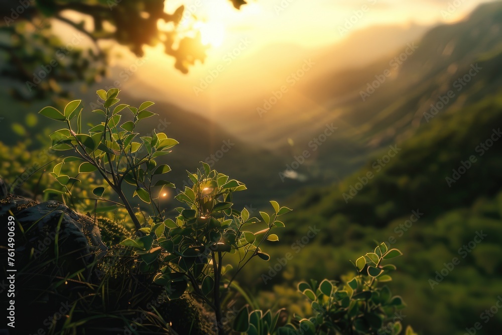 Poster a scenic view of the sun setting over mountains and trees. perfect for nature and landscape concepts