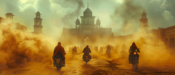 Amidst a cloud of dust, people on motorbikes approach a majestic mosque under the harsh desert sun
