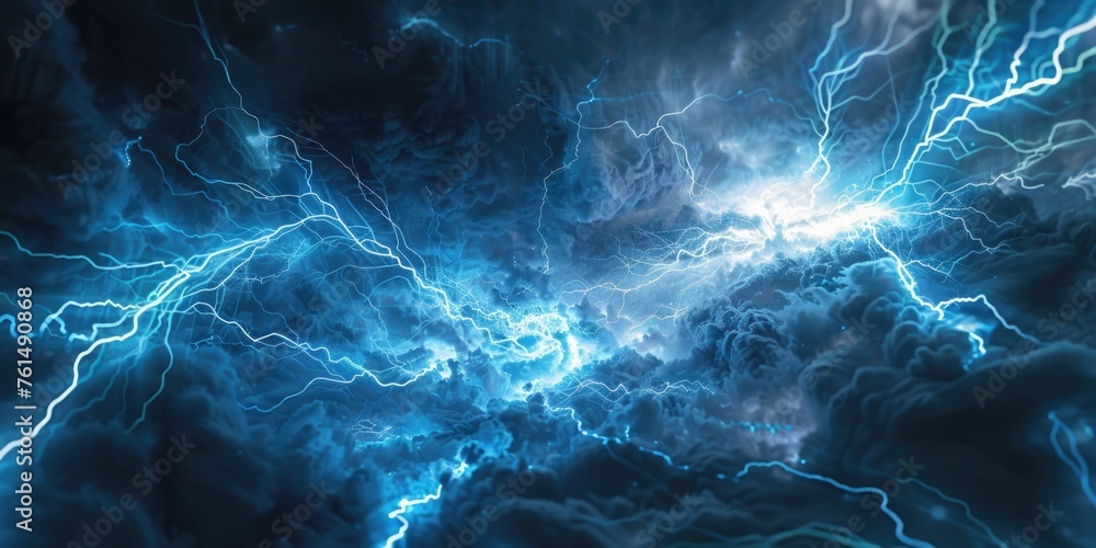 Poster dramatic blue and black sky with lightning and clouds. suitable for weather or natural disaster conc
