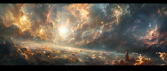 An awe-inspiring space scene depicting a vast celestial landscape with vibrant golden nebula and cosmic dust