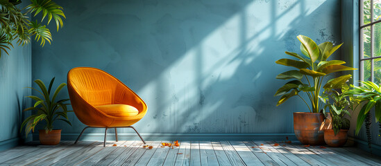 interior design of room, yellow chair blu wall - obrazy, fototapety, plakaty