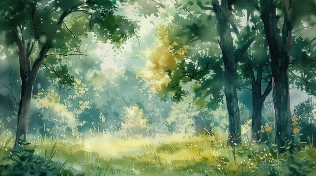 A serene watercolor painting of a forest scene. Perfect for nature lovers and art enthusiasts