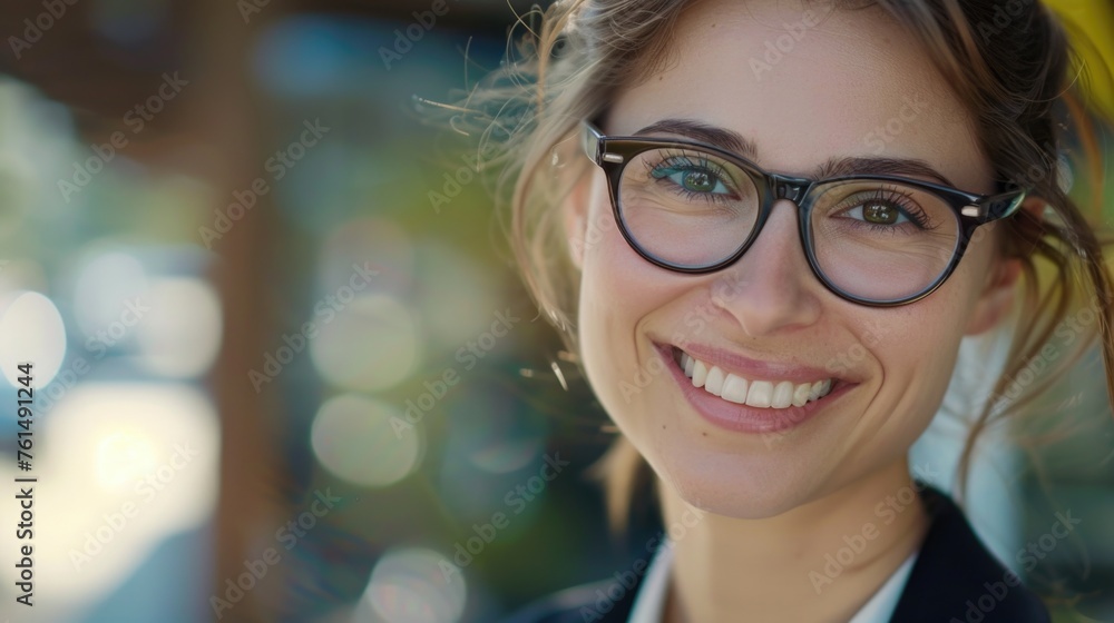 Poster A woman with glasses smiling at the camera. Suitable for various concepts