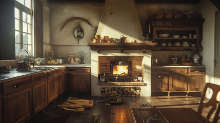 interior of a kitchen and fireplace