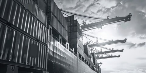 Fototapeta premium A black and white photo of a cargo ship at sea. Suitable for maritime industry concepts