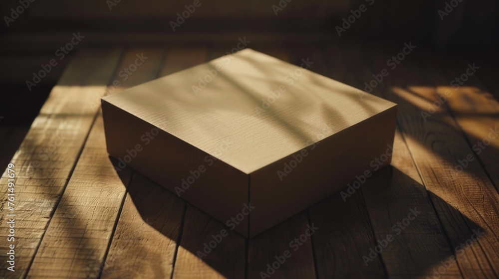 Poster a box placed on a wooden table, suitable for various concepts