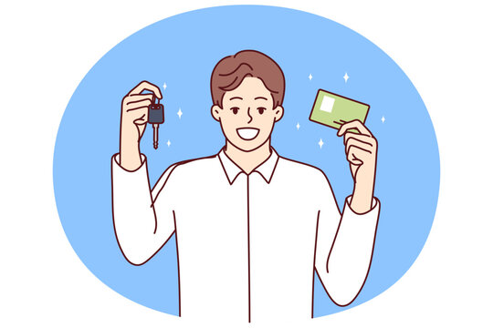 Happy man in white shirt demonstrates drivers license and keys to new car. Young guy rejoices at end of studies at school for beginners in motorists or taking course to drive truck. Flat vector image