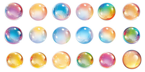 Set of realistic transparent colorful soap bubbles  on transparent background, png	