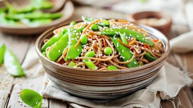 Delicious Bowl of Soba Noodles and Vegetables on a Wooden Table