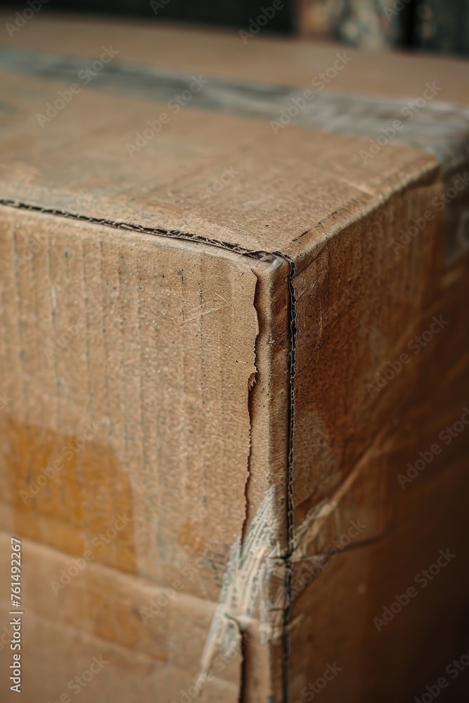 Poster Close up of a cardboard box on a table. Suitable for packaging or storage concepts