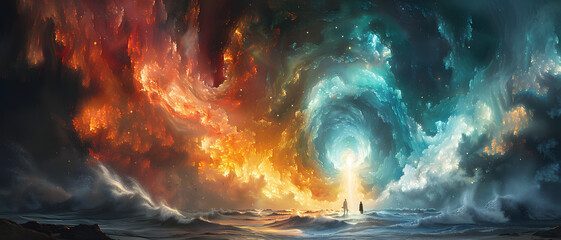 An imaginative depiction of a cosmic battle between fire and ice, with swirling galaxies and a witnessing duo