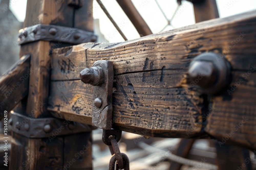 Poster Detailed view of a wooden structure with chains, suitable for industrial concepts