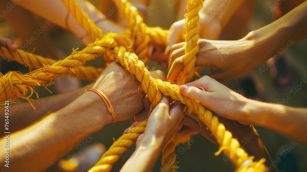 Poster A group of people forming a circle and holding hands. Suitable for teamwork and unity concepts