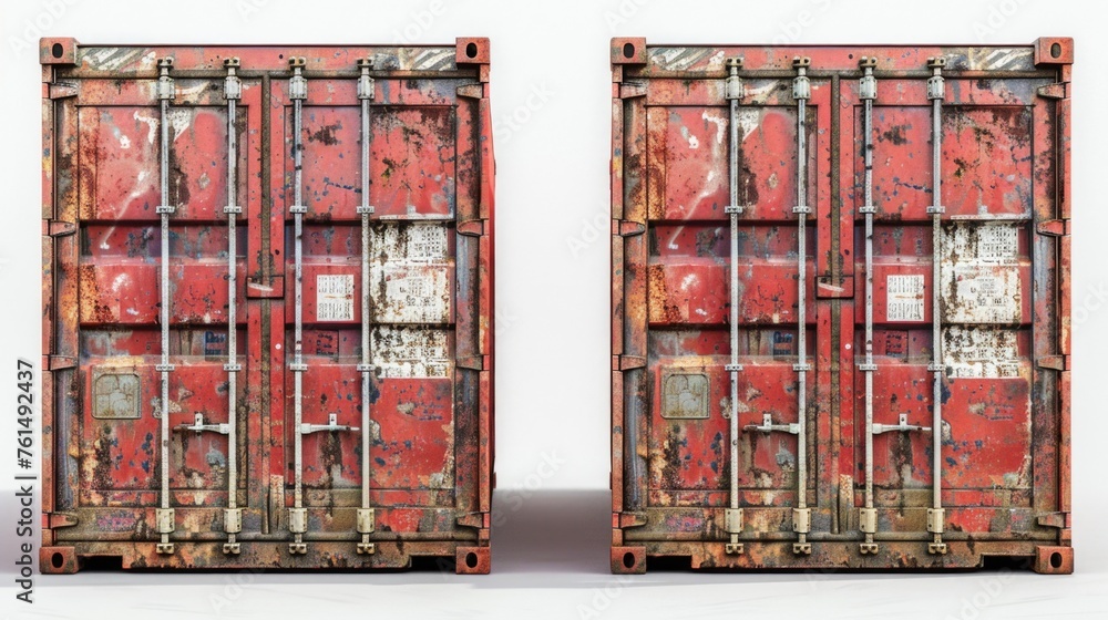 Poster two red shipping containers sitting side by side. can be used for industrial or transportation conce