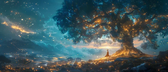 Gordijnen An enchanting scene of a giant tree aglow with light amid a mystical star-filled night landscape © Reiskuchen