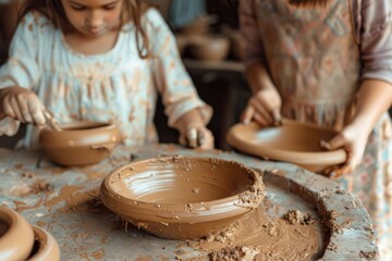 A woman and a little girl working on pottery. Suitable for craft and family activities