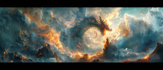 An apocalyptic scene unfolds as a majestic dragon rises amid fiery clouds, signifying power and transformation - obrazy, fototapety, plakaty