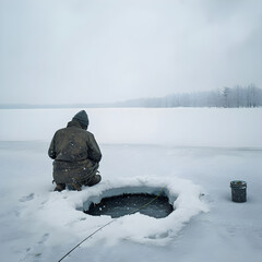 Patience amidst a Frosted Expanse: A Lone Ice Fisherman Amidst a Majestic Winter Landscape