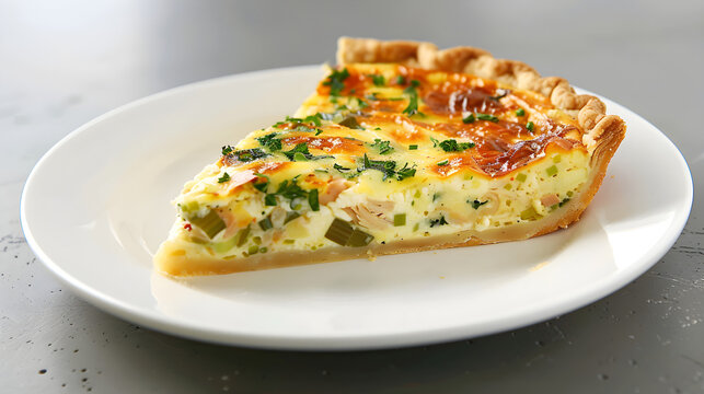 Freshly baked quiche slice on plate