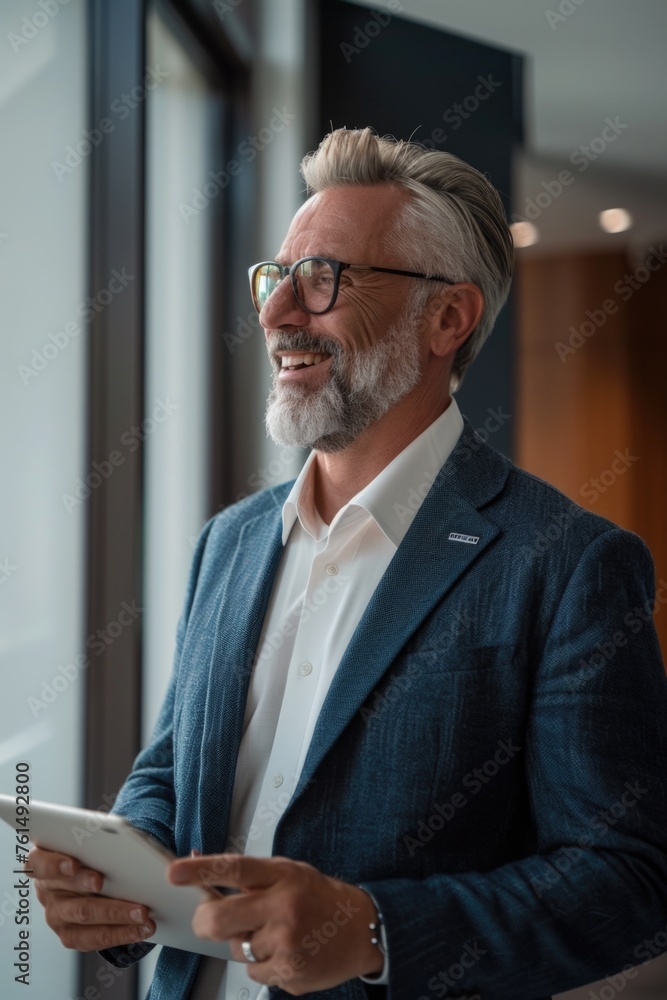 Poster a man in a suit holding a tablet computer. suitable for business concepts