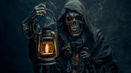 
um esqueleto vestido com um casaco longo e um capuz na cabeça segura uma lâmpada de querosene acesa na mão, fundo escuro