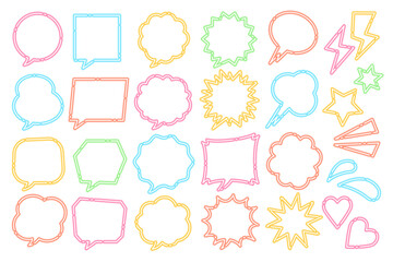 ネオン風のシンプルでおしゃれな破線吹き出しセット　白背景