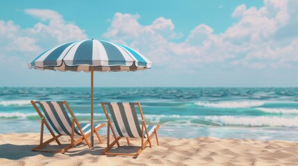 Relaxing scene with two chairs and an umbrella on the beach. Perfect for travel and vacation concepts - obrazy, fototapety, plakaty