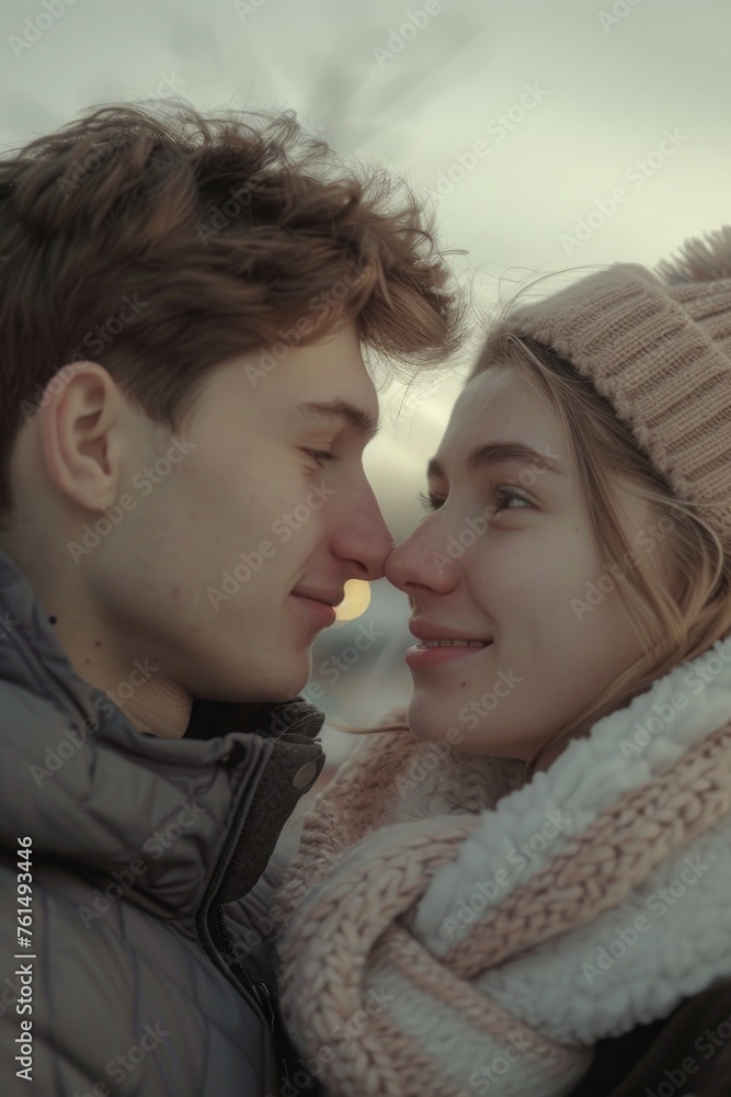 Poster a man and a woman standing next to each other. suitable for various concepts and themes