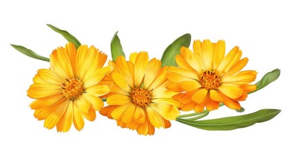 Three yellow flowers with green leaves on a white background. Perfect for botanical and nature themed designs