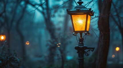 Nighttime street lights creating a romantic ambiance, evoking memories and nostalgia, with generous...