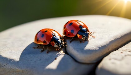 Ladybugs Resting On A Sunlit Stone