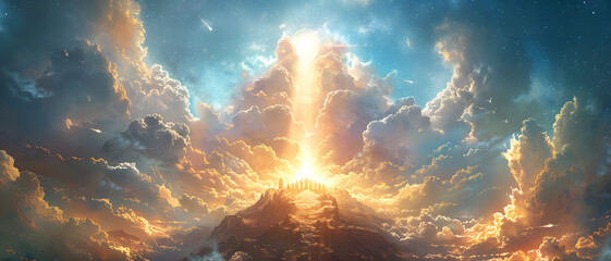 Sunlight piercing through a cosmic event over a mountain, creating a transcendent, awe-inspiring scene
