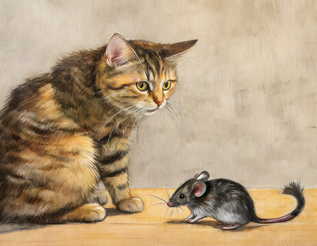 Magnifique et adorable illustration d'un chaton et d'une souris vu de profil