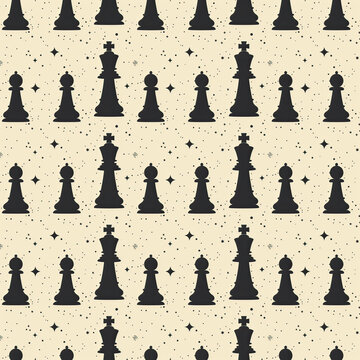 Patr&oacute;n con dise&ntilde;o de piezas de ajedrez, en negro, sobre fondo crema claro, con detalles peque&ntilde;os a modo de estrellas, recurso gr&aacute;fico para papeler&iacute;a, fondo de pantalla, regalos, decoraci&oacute;n, campeonato