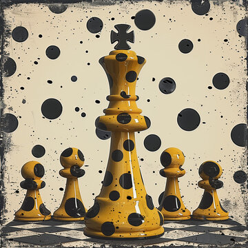 Ilustraci&oacute;n de una tablero de ajedrez con un figura del Rey y 4 peones, con una pared moteada en negro, puntos mas grandes. Piezas en amarillo y negro.