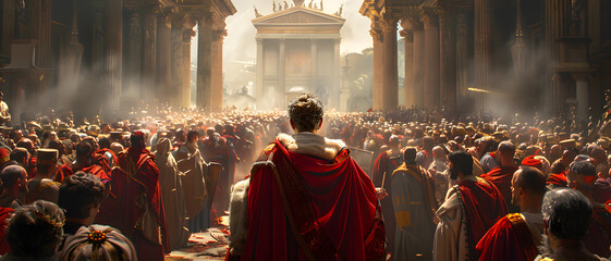 A ruler in a red cloak stands elevated above a massive crowd in an ancient, ornate city plaza