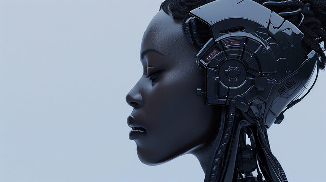 M&aacute;quina de IA como uma mulher negra em perfil de fic&ccedil;&atilde;o cient&iacute;fica em estilo 3D