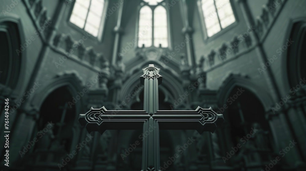 Poster a cross in front of a large church window. ideal for religious concepts
