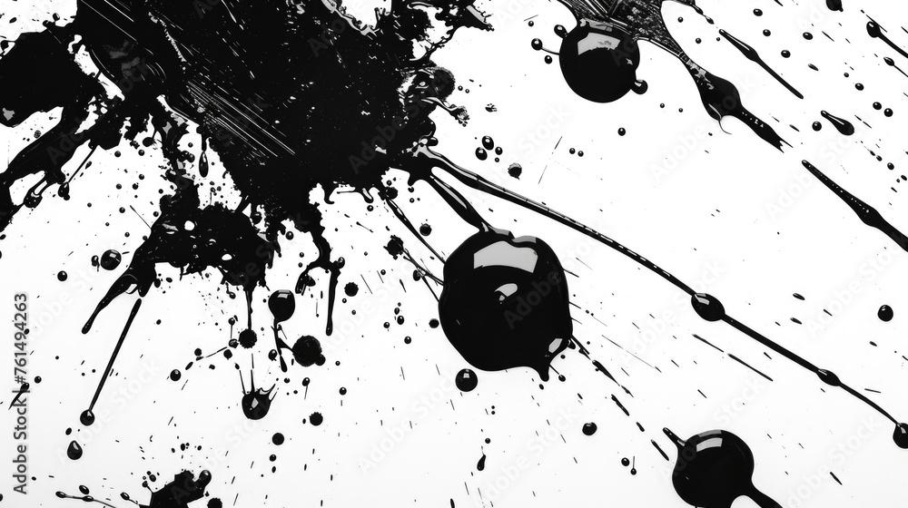 Poster abstract black ink splatter on a clean white background. great for artistic projects and design elem