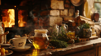 still life with tea and fireplace - obrazy, fototapety, plakaty