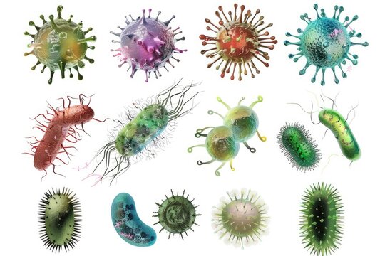 Different types of germs on a plain white background. Suitable for medical and scientific presentations