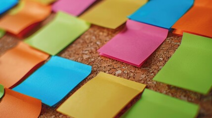 Colorful post it notes covering cork board, useful for organization and reminders