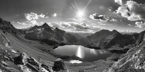A serene mountain lake captured in black and white. Suitable for various design projects