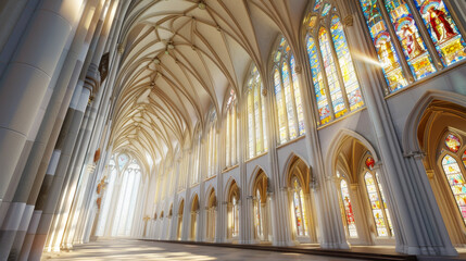 3D model of a Gothic revival cathedral interior high vaulted ceilings with ribbed vaults - obrazy, fototapety, plakaty