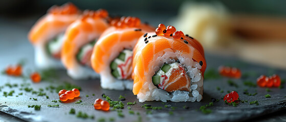 different kind of sushi, with empty copy space, with plain whikte background professional food photography